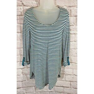 Anthropologie Akemi Kin XS Sylvia Tunic Top Roll Tab Sleeve Teal Cream Stripe